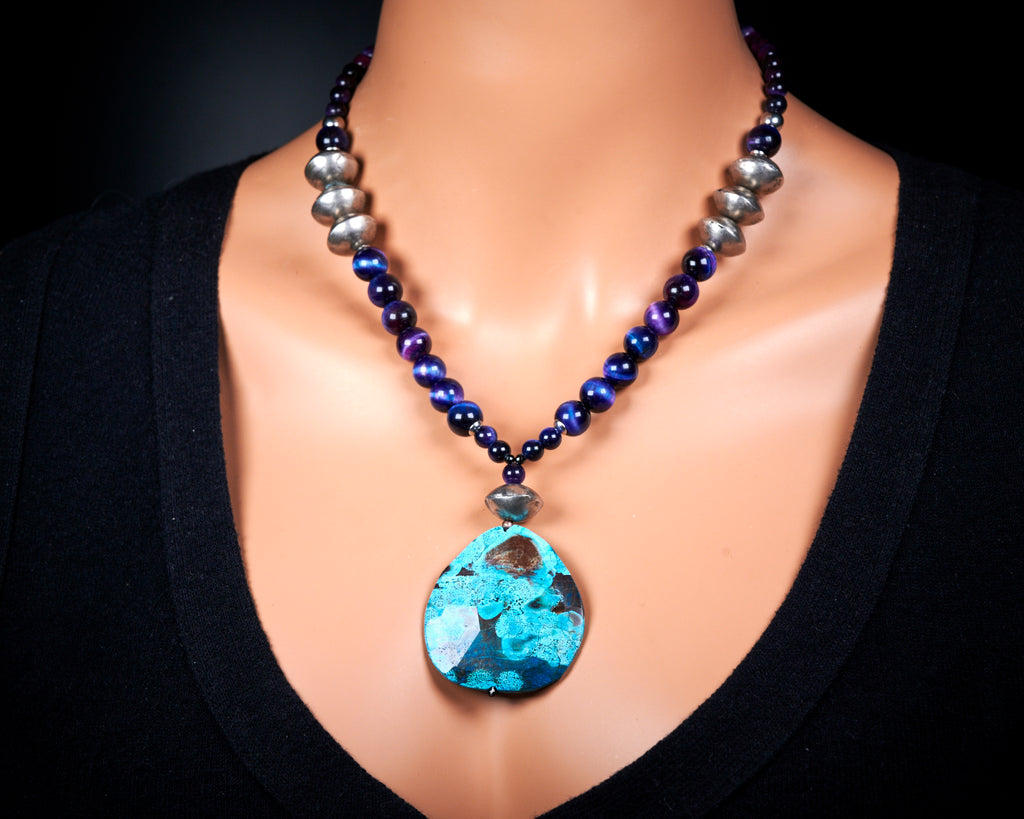 Blue Ocean Jasper Huge Pendant Galaxy Tiger Eye Necklace