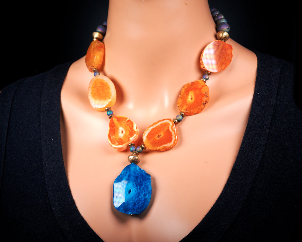Statement Orange Blue Agate Necklace