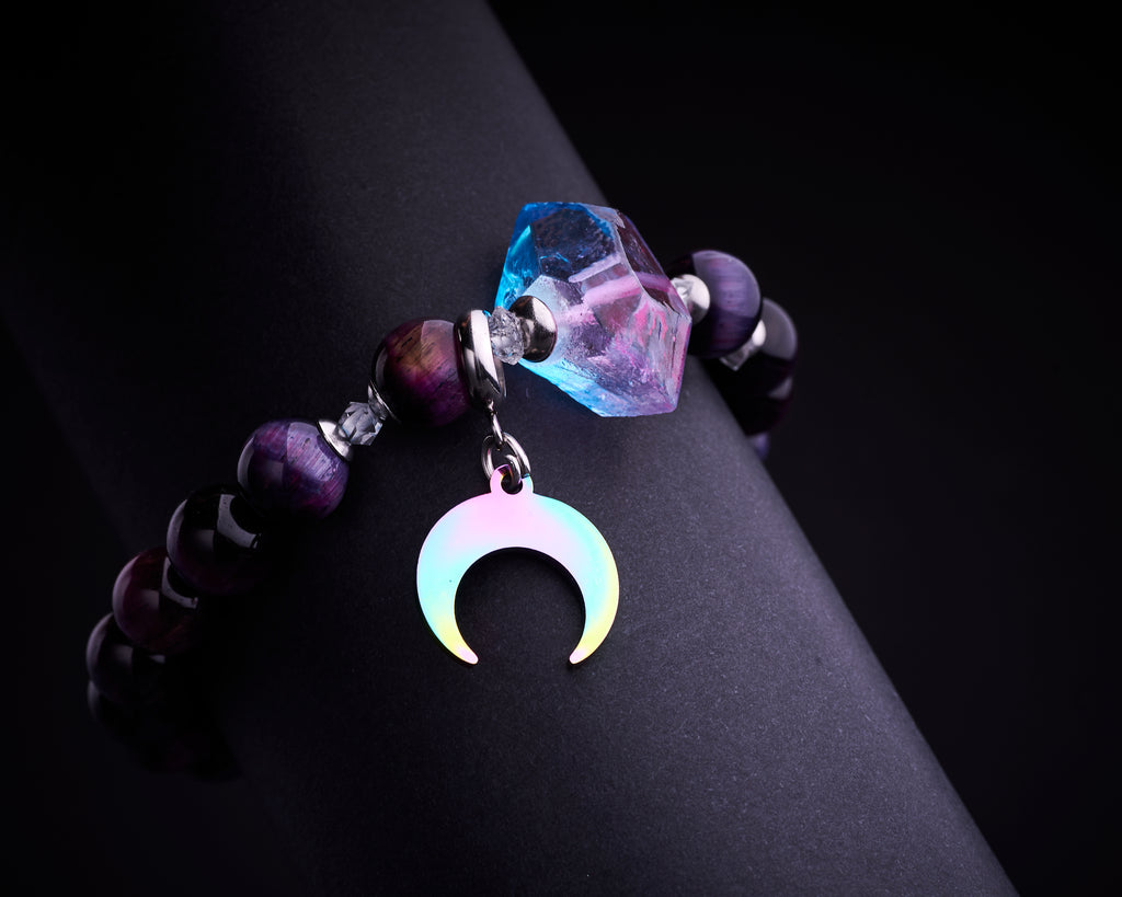 Galaxy Nebula Tiger Eye Raw Quartz Crescent Moon Bracelet